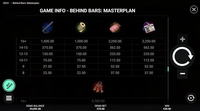 Behind Bars Masterplan - màn hình với khoản thanh toán Instant Win ngay lập tức
