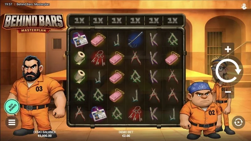 Behind Bars Masterplan - màn hình chơi game với guồng 6×5 và các hệ số dọc
